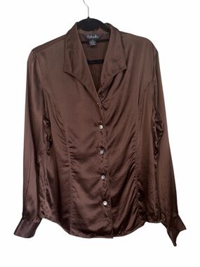 Rafaella 100% Silk Chocolate Brown Button Down Blouse Size 12